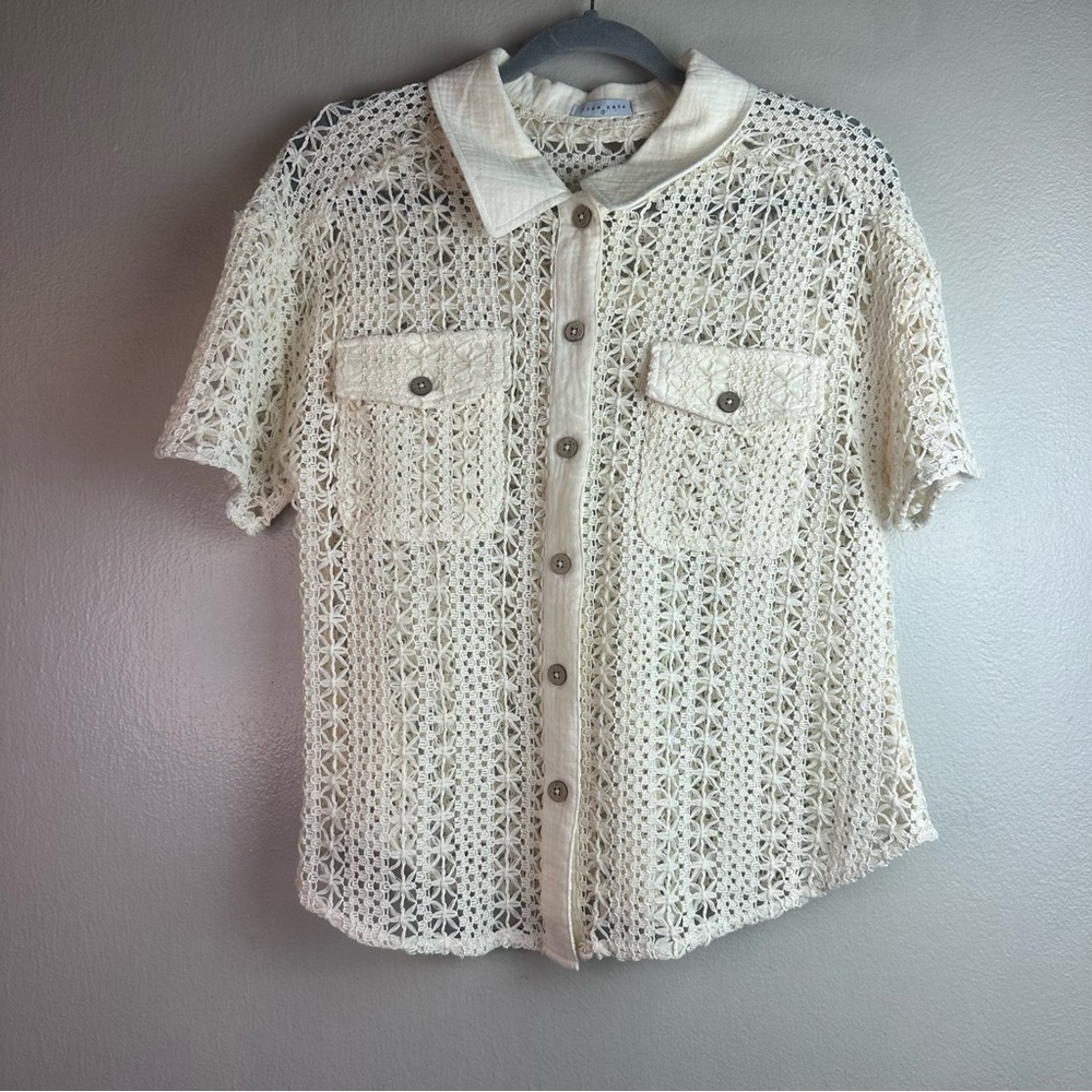 Lida Kate Crochet Button Down Cream Blouse Sz Sm